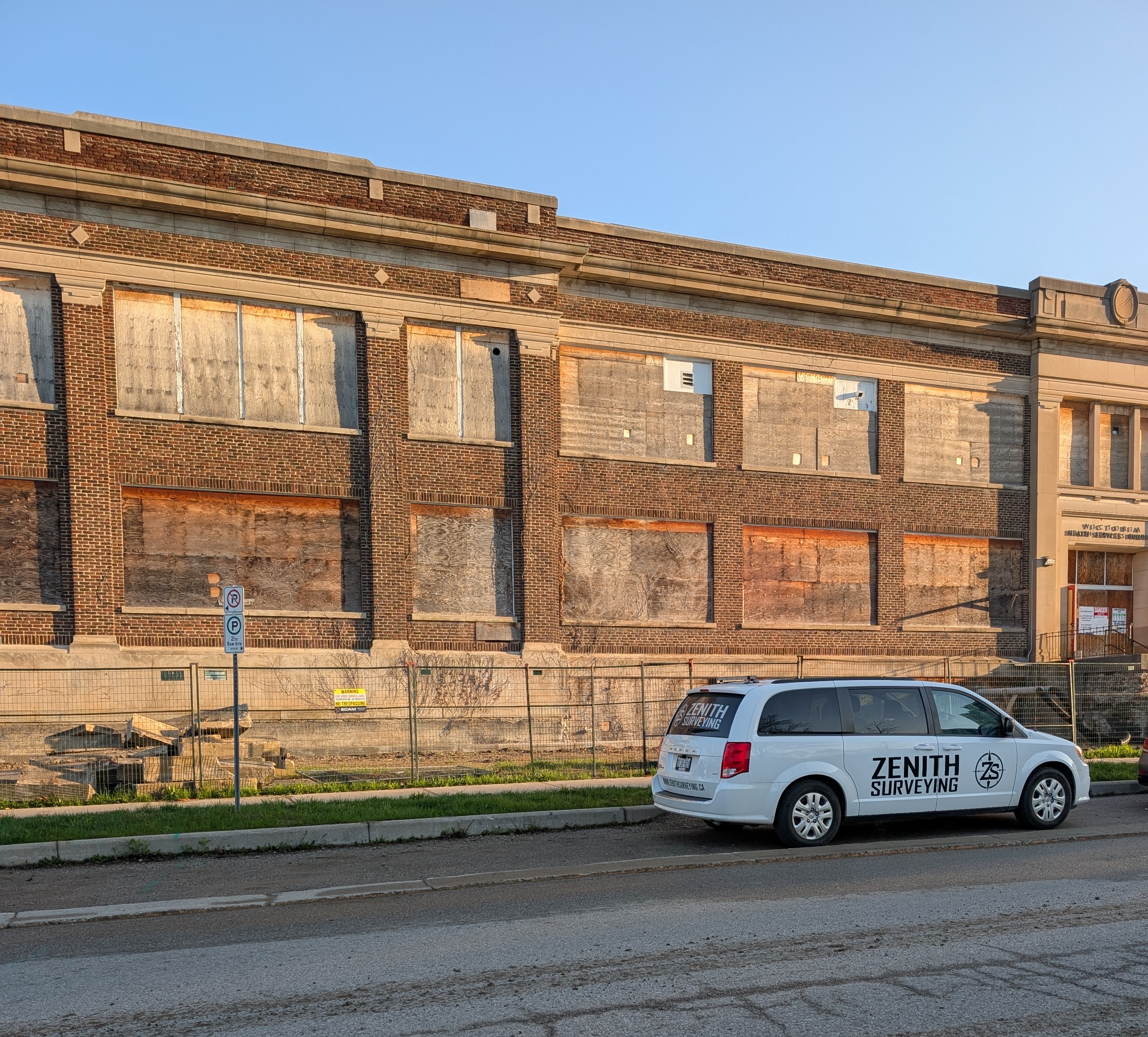 Zenith Surveying van parked outside the old Victoria Hospital on South Street, London, Ontario — utility locate for Indwell